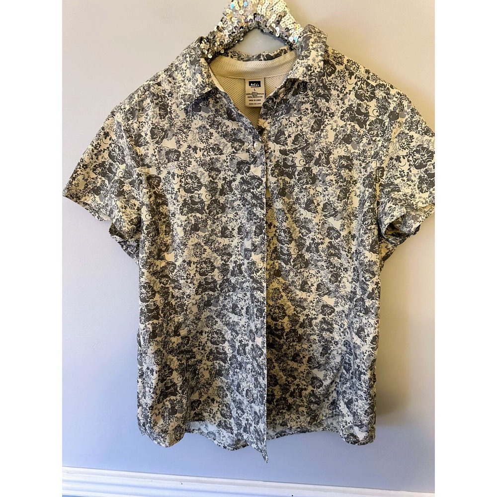 REI Women’s Sz L Sahara Short Sleeve Button Up Shirt Multicolor Floral Print Zip